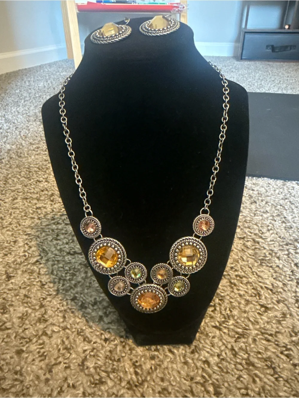 Gold-Tone Amber Crystal Statement Necklace and Earrings Set 11